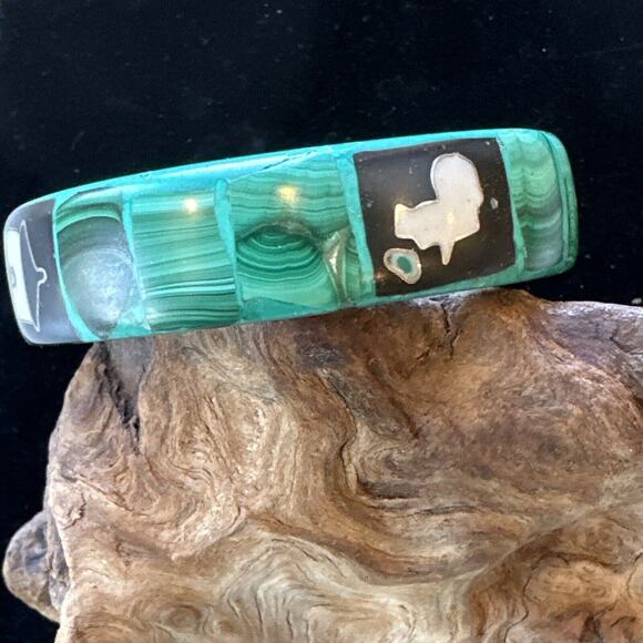 Vintage Malachite Inlay Green Stone 2.7 Oz Bangle Bracelet 1/2” Wide - Picture 6 of 9